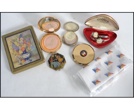 A dealers lot to include cased P&O Canberra Stratton Compacts x 2, Gwenda compact, Yardley compact, P&O scarves, cased napkin