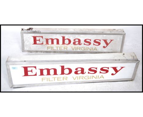 A pair of vintage 1970's retro Embassy cigarette advertising shop sign - light boxes. Each with acrylic notation panels to fr