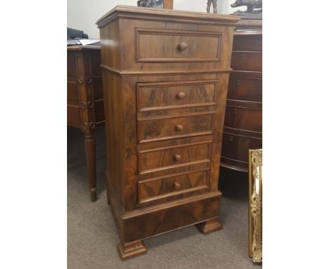 A 19th century walnut and marble French tall pedestal bedside cabinet / pot cupboard. Raised on bracket feet with drawers and