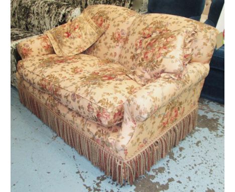 SOFA, two seater, in rose linen fabric with bullion fringe, 162cm W x 90cm D x 82cm H. 