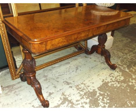 LIBRARY TABLE, by T. Wilson, 19th century burr walnut circa 1840 with rectangular top and two drawers, stamped '68 Great Quee