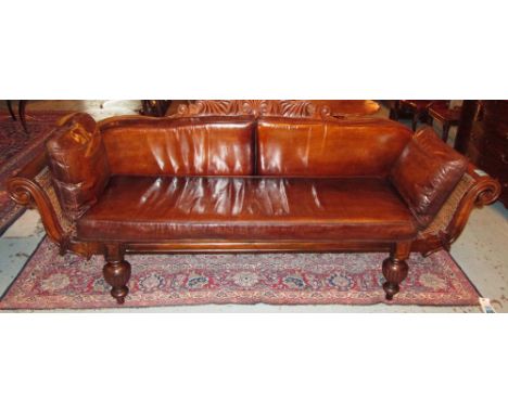 SOFA, Anglo-Indian Colonial teak, late Regency style, with cane panels, reeded supports and faded tan brown leather cushions,