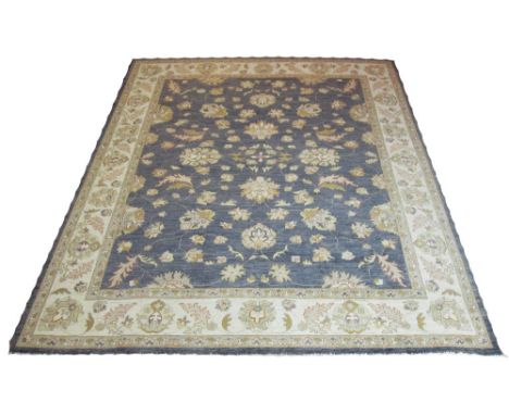 FINE POLONAISE DESIGN CARPET, 298cm x 246cm, palmette design with meandering vines framed by ivory repeat palmette and leaf b