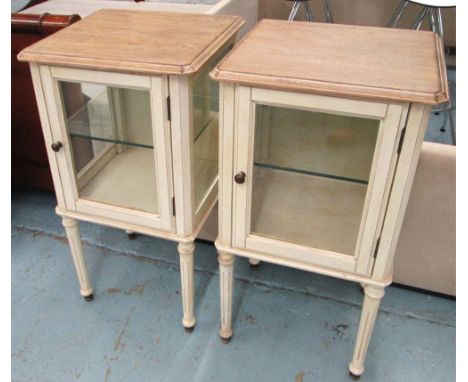 SIDE CABINETS, a pair, French style with glass shelf on turned fluted supports, 47cm x 38cm x 84cm H. (2)