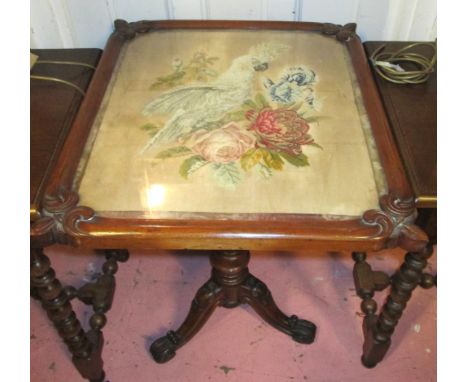 LAMP TABLE, Victorian mahogany, the needlework top on a turned column, tripod supports, 70cm H x 61cm D x 54cm W. (adapted)