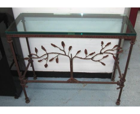 CONSOLE TABLE, iron framed with a rectangular glass top and tree decoration, 97.5cm W x 83cm H x 36cm D. 