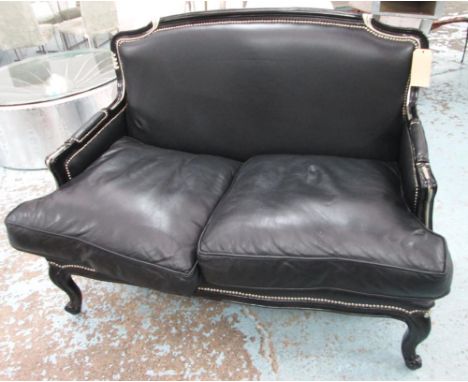 SOFA, Louis XV style black showframe with silver highlights in black leather upholstery with chrome studs, 140cm x 95cm x 100