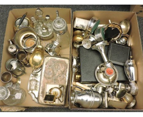 Silver plated wares, including a silver mounted decanter, whisky label, and a silver mounted scent bottle