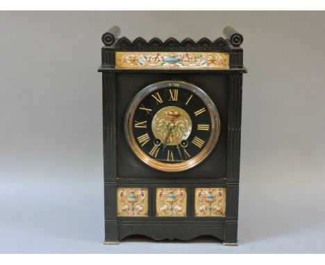 An Aesthetic slate and marble mantel clock, with painted friezes, 37cm high