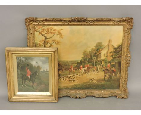 English School, c.1890A HUNTSMAN MOUNTED, WAVING HIS HATOil on canvas;and a large fox hunting print