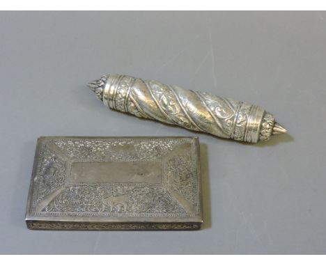 An Indian silver scroll holder, 18cm long, and a cigarette case, 13cm