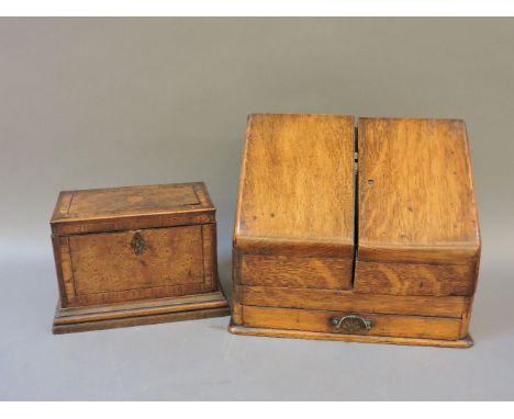 A George III burr wood tea caddy, and a late Victorian oak slope front stationery box with fitted interior