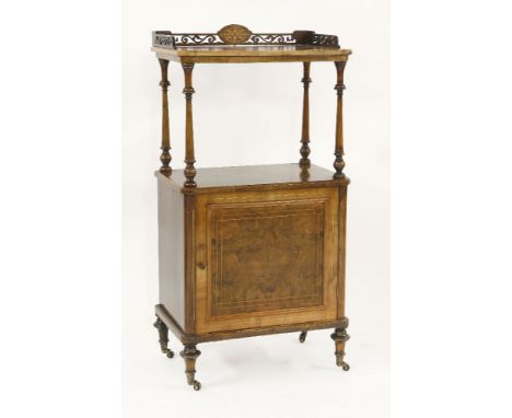 A Victorian strung and inlaid whatnot, with a gallery and shelf over a panelled door, 59cm wide, 112cm high