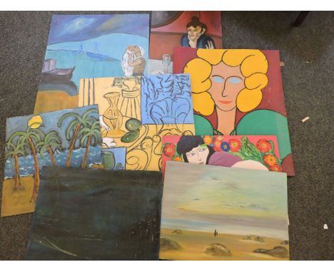 Nine unframed oils on board, a print, two watercolours, and two carved portrait panels