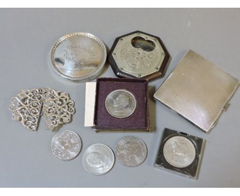 A silver cigarette case, a silver plated nurse's buckle, a Masonic plaque, a silver plated bowling plaque, and collector coin