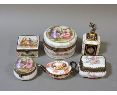 Four porcelain boxes, with metal mounts, Lynton porcelain, Derby porcelain ship box, with silver gilt lion finial, and a Crow