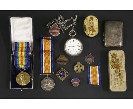 A WWl pair, to Pte F Greenhill, 19 London R, his silver cigarette case, silver pocket watch and albert chain with Railway med