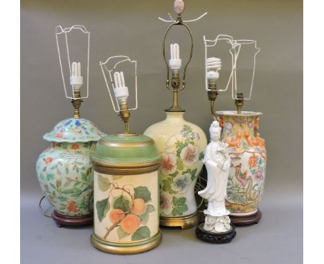 Five assorted decorative lamps, including blanc de chine figural lamp, and a French tea canister style lamp