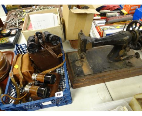THREE PAIRS OF VINTAGE BINOCULARS, together with a cased vintage Kodak Brownie camera and sewing machine