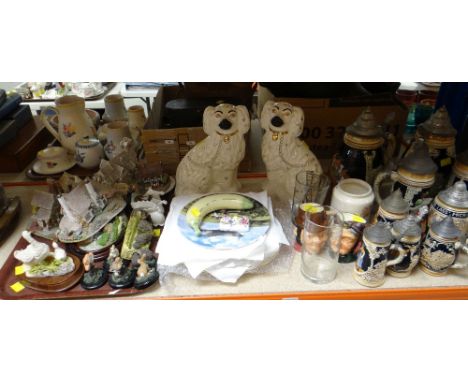 ASSORTED ORNAMENTS including Lilliput Lane models, pair of Staffordshire dogs, lidded steins, collectors plates, vintage teaw