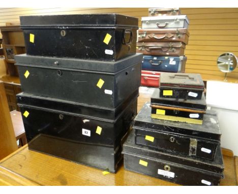 ASSORTED VINTAGE BLACK METAL DEED TINS &amp; CASH BOXES (7)
