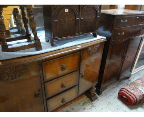 VINTAGE MIRROR BACKED SIDEBOARD ON RAISED LEGS, together with a vintage oak tallboy