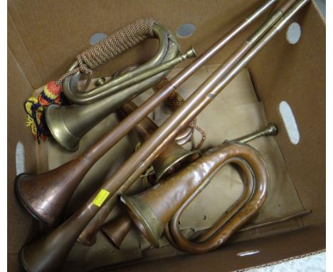 THREE COPPER HUNTING HORNS together with three copper and brass decorated military bugles 