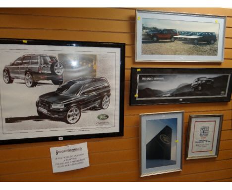 FIVE FRAMED LAND ROVER, FREELANDER &amp; RANGE ROVER CAR MODELS (formally on display at a car dealership) including presentat