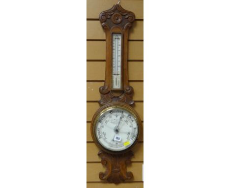 ORNATE OAK CARVED BANJO BAROMETER / THERMOMETER retailed by T J Williams, Cardiff