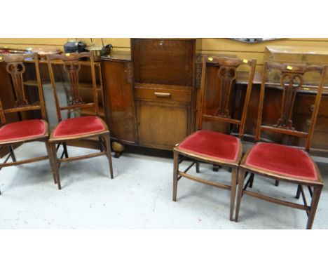 VINTAGE OAK STEPPED BUREAU with drop down front, flanking cupboards, together with a reproduction mahogany small sideboard an