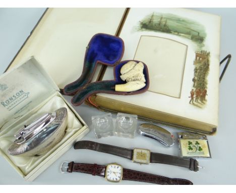 ASSORTED SMALL COLLECTABLES including two Rotary wristwatches (one without glass), a meerschaum pipe-head, two lighters ETC