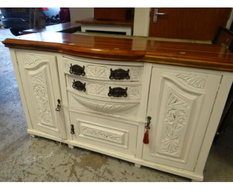 VINTAGE BOW FRONT WHITE SIDEBOARD, two drawers flanked by two cupboards