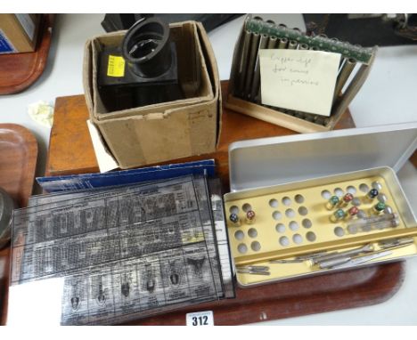 ASSORTED VINTAGE DENTISTRY ITEMS including storage boxes, slide viewer, case of slides, magazine of copper rings for producin