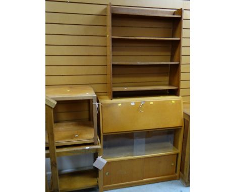 VINTAGE LIGHT OAK DROP DOWN BUREAU with sliding glass and sliding door cupboard base, small book shelf and two light oak side