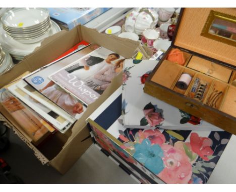 SMALL SEWING BOX &amp; CONTENTS, collection of boxed vintage handkerchiefs, knitting patterns ETC