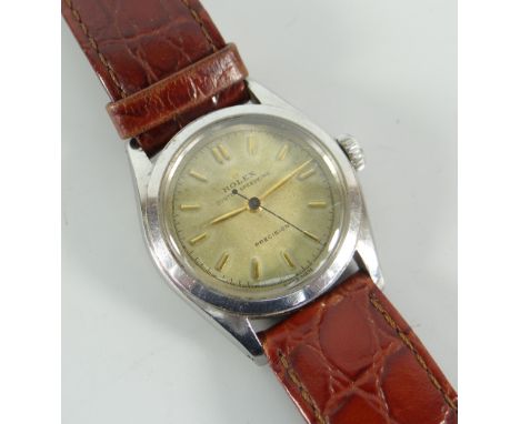 ROLEX OYSTER SPEEDKING PRECISION WRISTWATCH non-matching tan crocodile leather strap, steel case, gold dial, 3.1cms diam, ins