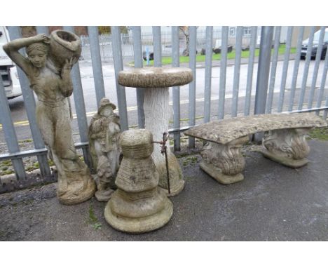 RECONSTITUTED STONE GARDEN STATUES, bird bath and small bench (outside)