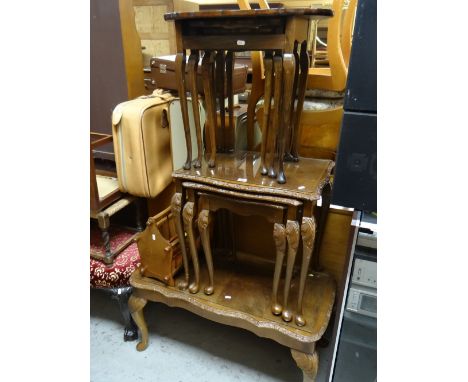 REPRODUCTION LIGHT WOOD GLASS TOPPED COFFEE TABLE, together with two sets of three nests of tables and a magazine rack