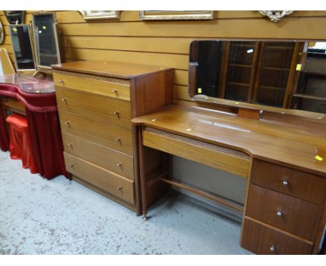 VINTAGE AUSTIN-SUITE FIVE DRAWER CHEST OF DRAWERS, matching mirrored dressing table, together with another dressing table, mi