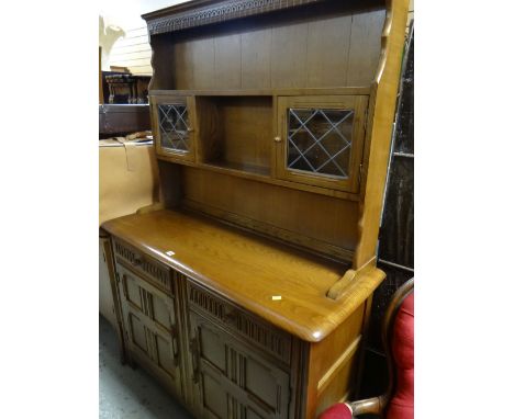 LIGHT OAK OLD CHARM STYLE DRESSER with two lead glazed door upper and shelving 