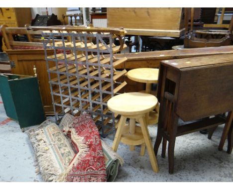 SMALL OAK SUTHERLAND TABLE / TWO ADJUSTABLE PINE STOOLS / WINE RACK / WALKING STICKS / CORNER CUPBOARD / RUGS / MIRRORS