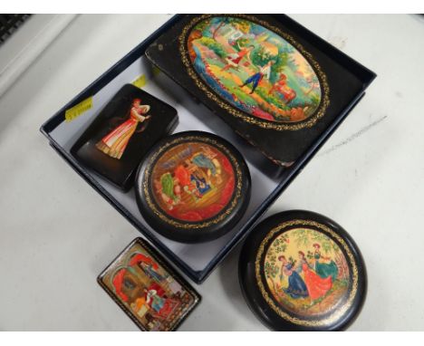 FIVE VINTAGE PAPIER MACHE CONTAINERS decorated with medieval and pastoral scenes