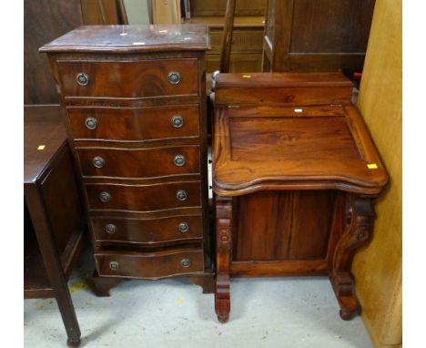 REPRODUCTION MAHOGANY BOW FRONT SIX DRAWER NARROW CHEST together with modern stained hardwood Davenport-type desk