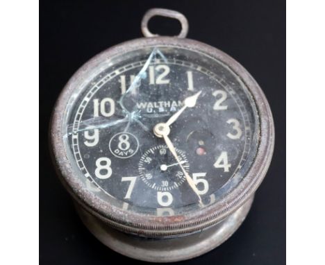 Waltham 8 Day Car Clock, Working Not Tested For Accuracy, 8cm Diameter, Crystal Is Damaged 