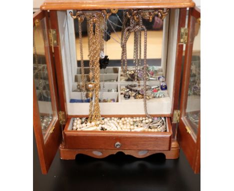 Brown Glass Door Jewellery Box Of Costume Jewellery Including Necklaces, Silver Bangle, Silver Earrings, Silver Rings, Etc, A