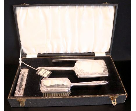 Broadway & Co Silver Brush Set In Fitted Case With Original Label, Comprises 2 Brushes, Comb & Mirror, Floral Design, Fully H