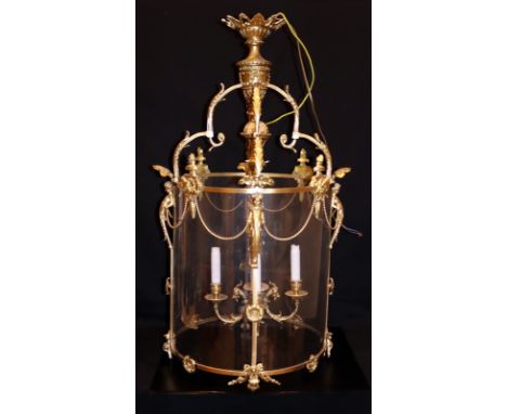 Large Heavy Quality French Ormolu Hall Lantern, RG Stamped To The Mounts, Of Cylindrical Form, With Cast Cherub Side Finials 