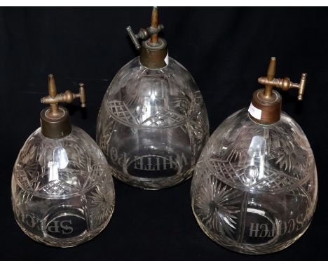 Set Of Three Victorian Graduating Cut Glass Optics With Brass Taps, Marked To Body, White Port, Special Scotch & Scotch. One 