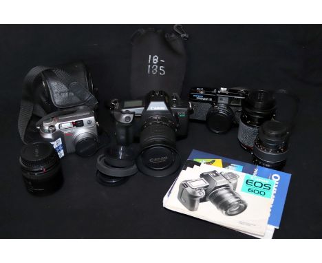 Mixed Camera Lot; To Include Canon EOS600 Camera With Manual, Assorted Lenses, Olympus C-4000 Camera With Case, Petri Computo