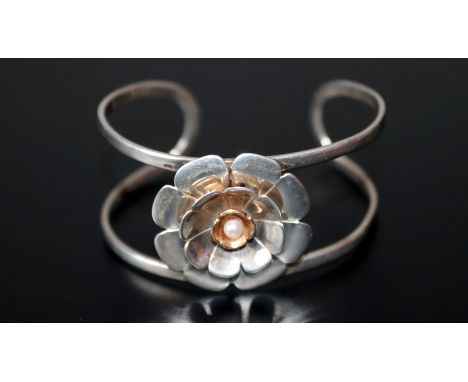 Silver Cuff Bangle With Stylised Daisy With Central Pearl 